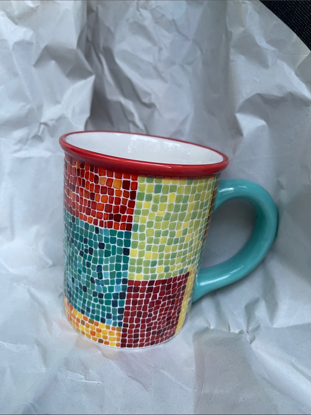 Multicolor Mosaic Ceramic Mug with Turquoise Handle